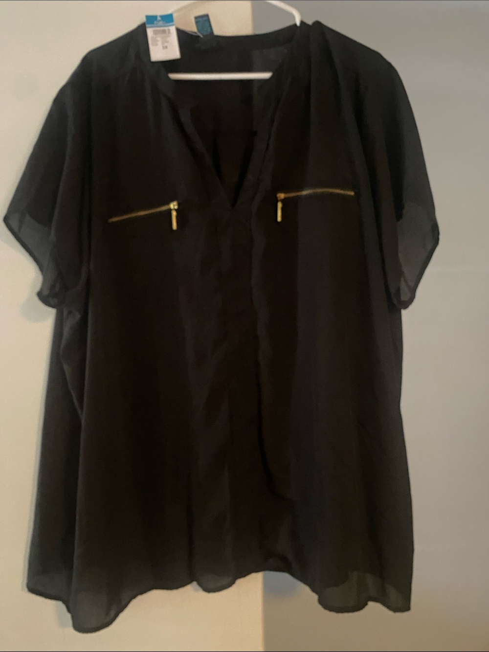 Rue21 Black V-Neck Short Sleeve Blouse with Gold Zipper Accents